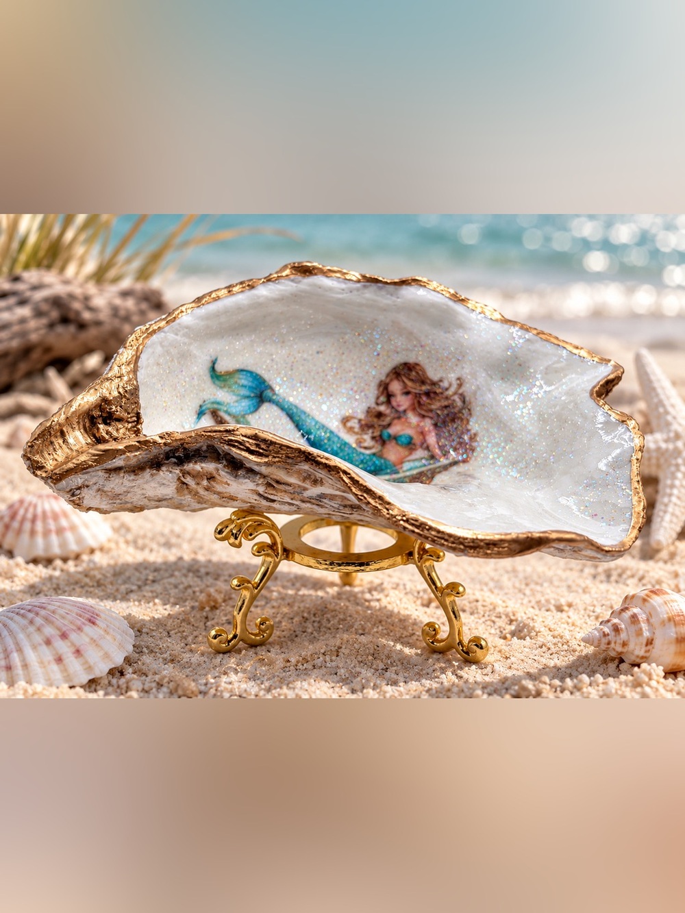 Hand-Painted Mermaid Oyster Shell Trinket Dish with Gold Stand
